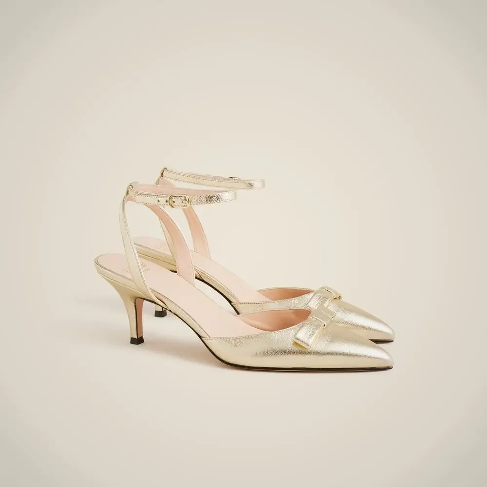 J. Crew Women's Colette Bow Pumps in Metallic Crinkle Leather Gold Size 6.5 NWB
